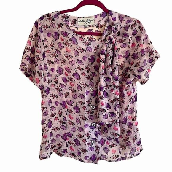 Tops - Bettie Page Tatyana Butterfly Print Bow Tie Blouse Size XXL